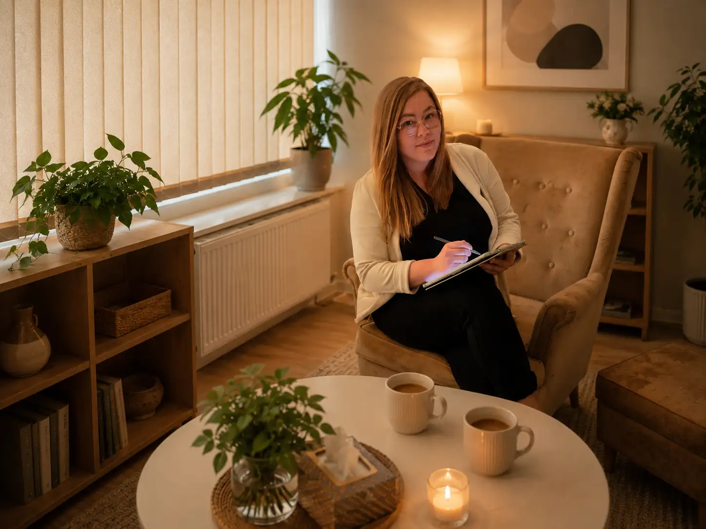 Paula Jodczyk psycholog w fotelu z notesem